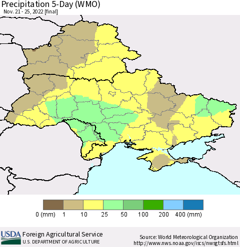 Ukraine, Moldova and Belarus Precipitation 5-Day (WMO) Thematic Map For 11/21/2022 - 11/25/2022