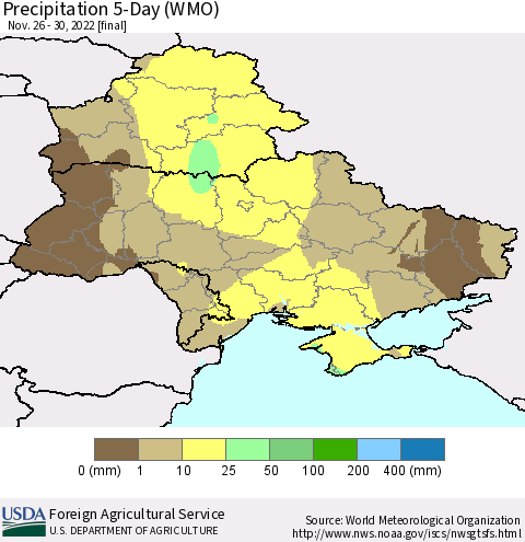Ukraine, Moldova and Belarus Precipitation 5-Day (WMO) Thematic Map For 11/26/2022 - 11/30/2022