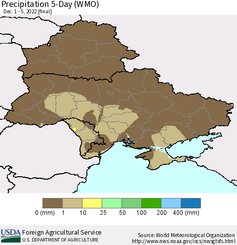 Ukraine, Moldova and Belarus Precipitation 5-Day (WMO) Thematic Map For 12/1/2022 - 12/5/2022
