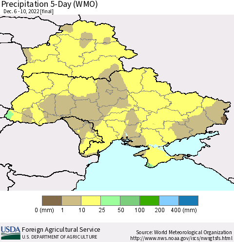 Ukraine, Moldova and Belarus Precipitation 5-Day (WMO) Thematic Map For 12/6/2022 - 12/10/2022