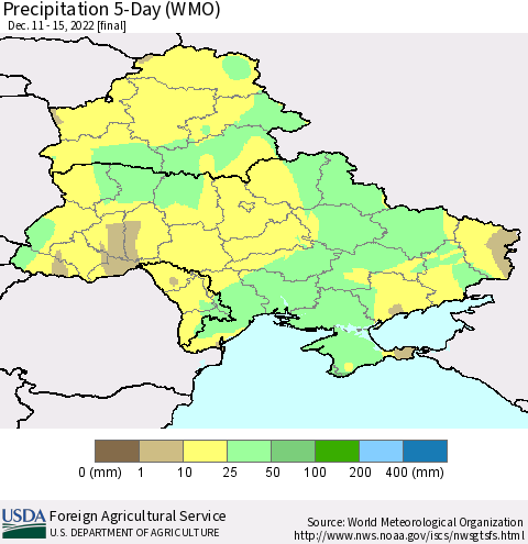 Ukraine, Moldova and Belarus Precipitation 5-Day (WMO) Thematic Map For 12/11/2022 - 12/15/2022