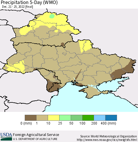 Ukraine, Moldova and Belarus Precipitation 5-Day (WMO) Thematic Map For 12/21/2022 - 12/25/2022