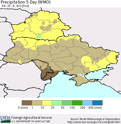 Ukraine, Moldova and Belarus Precipitation 5-Day (WMO) Thematic Map For 12/26/2022 - 12/31/2022