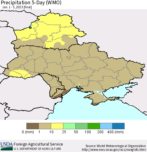Ukraine, Moldova and Belarus Precipitation 5-Day (WMO) Thematic Map For 1/1/2023 - 1/5/2023