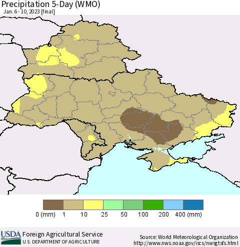 Ukraine, Moldova and Belarus Precipitation 5-Day (WMO) Thematic Map For 1/6/2023 - 1/10/2023