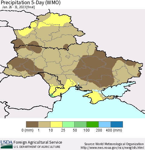Ukraine, Moldova and Belarus Precipitation 5-Day (WMO) Thematic Map For 1/26/2023 - 1/31/2023