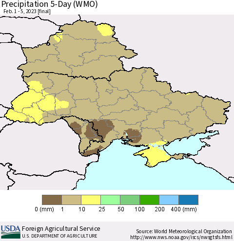 Ukraine, Moldova and Belarus Precipitation 5-Day (WMO) Thematic Map For 2/1/2023 - 2/5/2023
