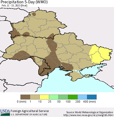 Ukraine, Moldova and Belarus Precipitation 5-Day (WMO) Thematic Map For 2/11/2023 - 2/15/2023