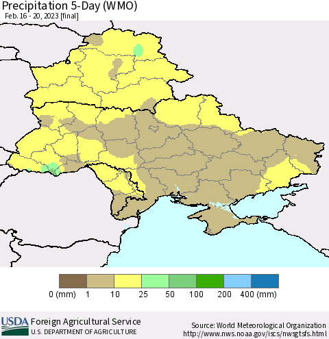 Ukraine, Moldova and Belarus Precipitation 5-Day (WMO) Thematic Map For 2/16/2023 - 2/20/2023