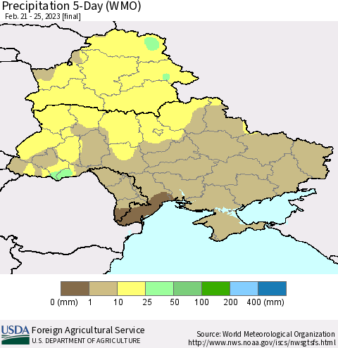 Ukraine, Moldova and Belarus Precipitation 5-Day (WMO) Thematic Map For 2/21/2023 - 2/25/2023