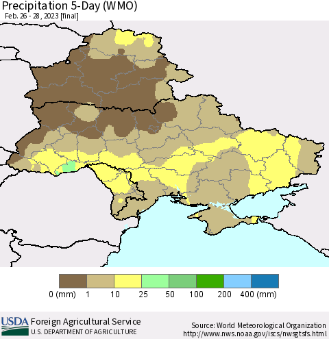 Ukraine, Moldova and Belarus Precipitation 5-Day (WMO) Thematic Map For 2/26/2023 - 2/28/2023