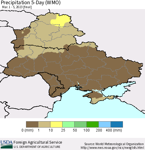 Ukraine, Moldova and Belarus Precipitation 5-Day (WMO) Thematic Map For 3/1/2023 - 3/5/2023