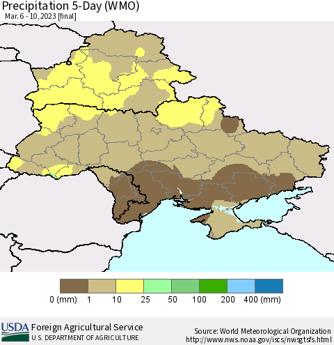 Ukraine, Moldova and Belarus Precipitation 5-Day (WMO) Thematic Map For 3/6/2023 - 3/10/2023