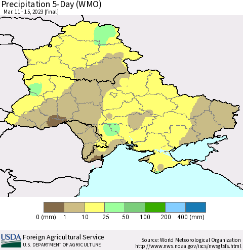 Ukraine, Moldova and Belarus Precipitation 5-Day (WMO) Thematic Map For 3/11/2023 - 3/15/2023