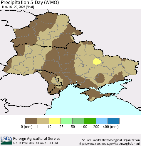 Ukraine, Moldova and Belarus Precipitation 5-Day (WMO) Thematic Map For 3/16/2023 - 3/20/2023