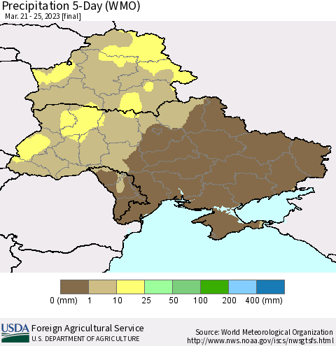 Ukraine, Moldova and Belarus Precipitation 5-Day (WMO) Thematic Map For 3/21/2023 - 3/25/2023