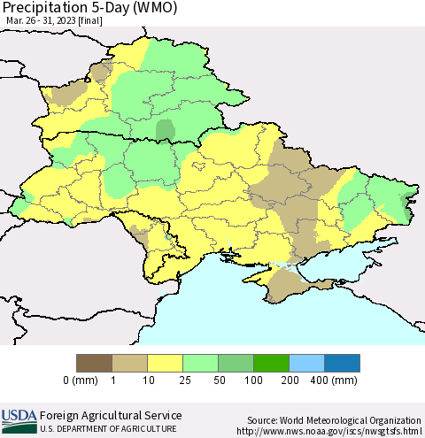 Ukraine, Moldova and Belarus Precipitation 5-Day (WMO) Thematic Map For 3/26/2023 - 3/31/2023