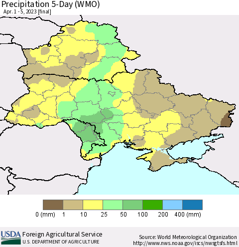 Ukraine, Moldova and Belarus Precipitation 5-Day (WMO) Thematic Map For 4/1/2023 - 4/5/2023