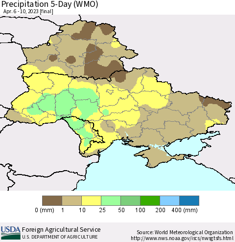 Ukraine, Moldova and Belarus Precipitation 5-Day (WMO) Thematic Map For 4/6/2023 - 4/10/2023
