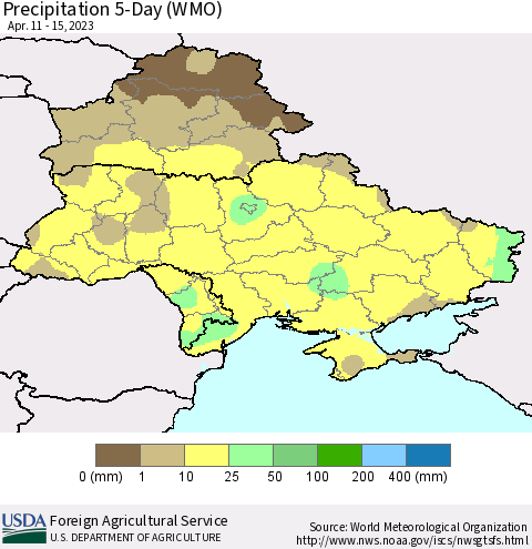 Ukraine, Moldova and Belarus Precipitation 5-Day (WMO) Thematic Map For 4/11/2023 - 4/15/2023