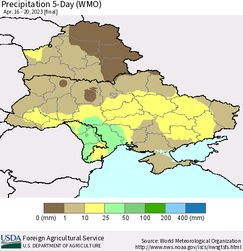 Ukraine, Moldova and Belarus Precipitation 5-Day (WMO) Thematic Map For 4/16/2023 - 4/20/2023