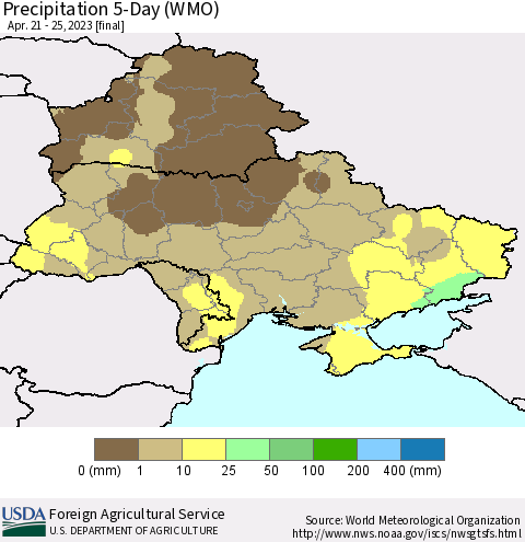 Ukraine, Moldova and Belarus Precipitation 5-Day (WMO) Thematic Map For 4/21/2023 - 4/25/2023