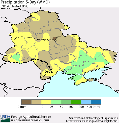 Ukraine, Moldova and Belarus Precipitation 5-Day (WMO) Thematic Map For 4/26/2023 - 4/30/2023
