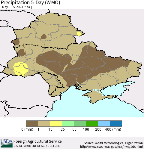Ukraine, Moldova and Belarus Precipitation 5-Day (WMO) Thematic Map For 5/1/2023 - 5/5/2023