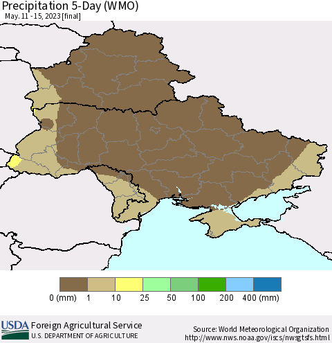 Ukraine, Moldova and Belarus Precipitation 5-Day (WMO) Thematic Map For 5/11/2023 - 5/15/2023