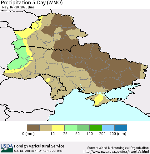 Ukraine, Moldova and Belarus Precipitation 5-Day (WMO) Thematic Map For 5/16/2023 - 5/20/2023