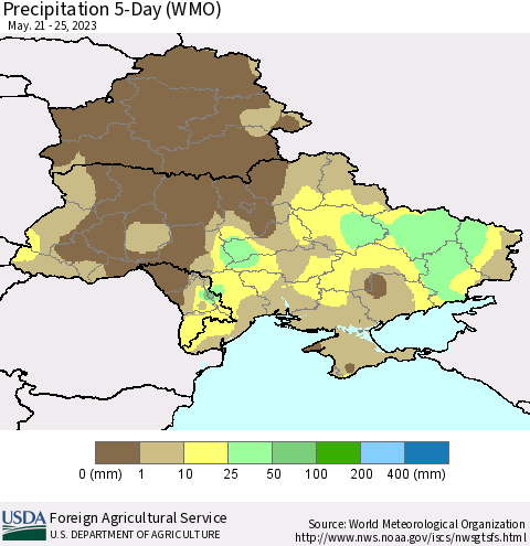 Ukraine, Moldova and Belarus Precipitation 5-Day (WMO) Thematic Map For 5/21/2023 - 5/25/2023