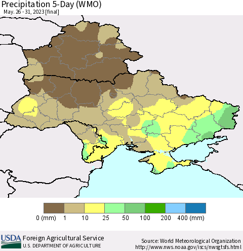 Ukraine, Moldova and Belarus Precipitation 5-Day (WMO) Thematic Map For 5/26/2023 - 5/31/2023