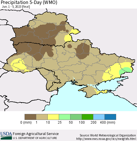 Ukraine, Moldova and Belarus Precipitation 5-Day (WMO) Thematic Map For 6/1/2023 - 6/5/2023