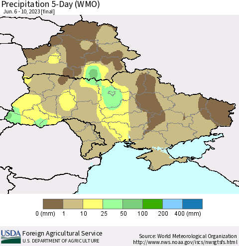 Ukraine, Moldova and Belarus Precipitation 5-Day (WMO) Thematic Map For 6/6/2023 - 6/10/2023