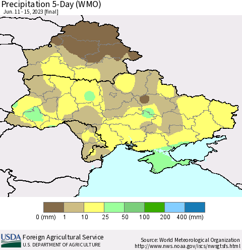 Ukraine, Moldova and Belarus Precipitation 5-Day (WMO) Thematic Map For 6/11/2023 - 6/15/2023