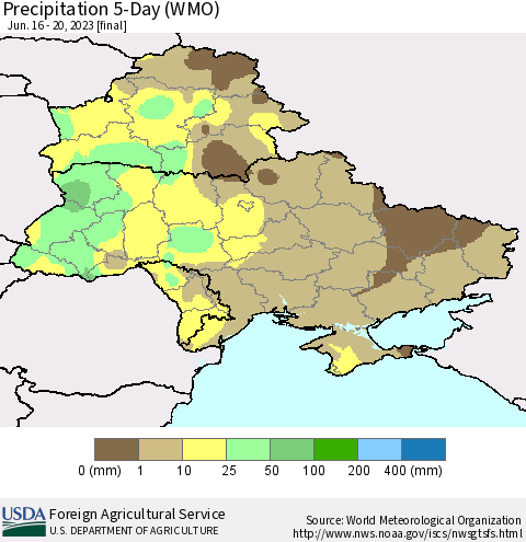 Ukraine, Moldova and Belarus Precipitation 5-Day (WMO) Thematic Map For 6/16/2023 - 6/20/2023