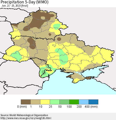 Ukraine, Moldova and Belarus Precipitation 5-Day (WMO) Thematic Map For 6/21/2023 - 6/25/2023