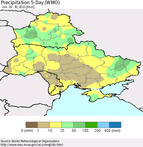 Ukraine, Moldova and Belarus Precipitation 5-Day (WMO) Thematic Map For 6/26/2023 - 6/30/2023