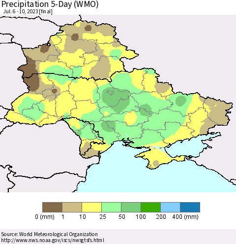 Ukraine, Moldova and Belarus Precipitation 5-Day (WMO) Thematic Map For 7/6/2023 - 7/10/2023