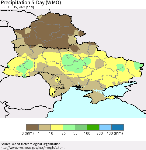 Ukraine, Moldova and Belarus Precipitation 5-Day (WMO) Thematic Map For 7/11/2023 - 7/15/2023