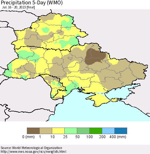Ukraine, Moldova and Belarus Precipitation 5-Day (WMO) Thematic Map For 7/16/2023 - 7/20/2023