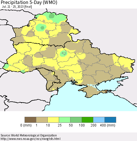 Ukraine, Moldova and Belarus Precipitation 5-Day (WMO) Thematic Map For 7/21/2023 - 7/25/2023
