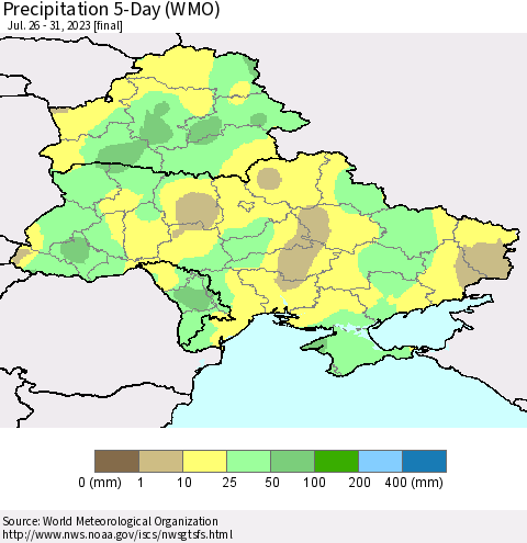 Ukraine, Moldova and Belarus Precipitation 5-Day (WMO) Thematic Map For 7/26/2023 - 7/31/2023