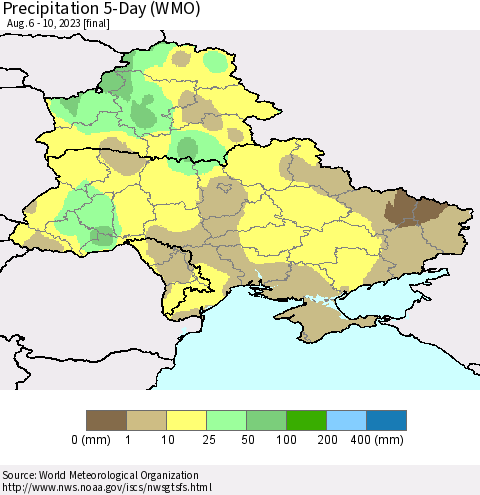 Ukraine, Moldova and Belarus Precipitation 5-Day (WMO) Thematic Map For 8/6/2023 - 8/10/2023