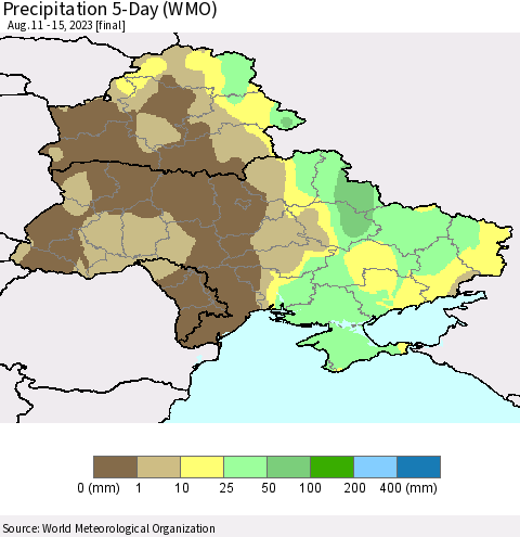 Ukraine, Moldova and Belarus Precipitation 5-Day (WMO) Thematic Map For 8/11/2023 - 8/15/2023