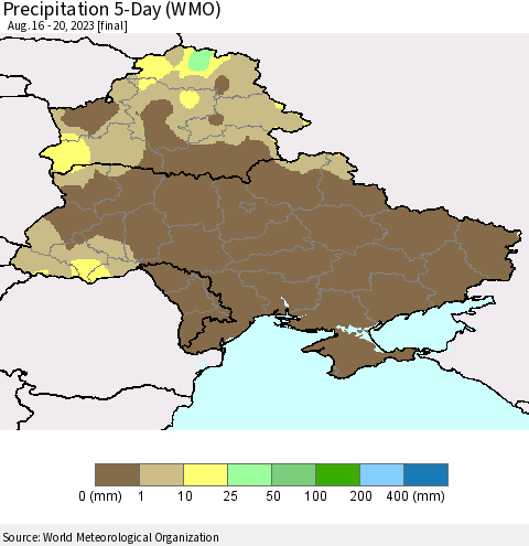 Ukraine, Moldova and Belarus Precipitation 5-Day (WMO) Thematic Map For 8/16/2023 - 8/20/2023