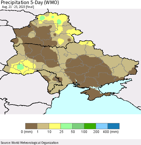 Ukraine, Moldova and Belarus Precipitation 5-Day (WMO) Thematic Map For 8/21/2023 - 8/25/2023