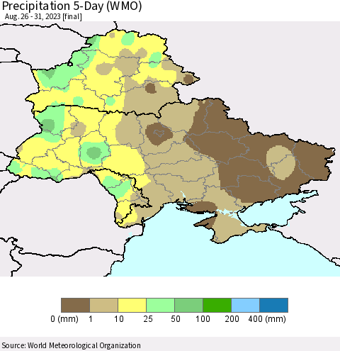 Ukraine, Moldova and Belarus Precipitation 5-Day (WMO) Thematic Map For 8/26/2023 - 8/31/2023