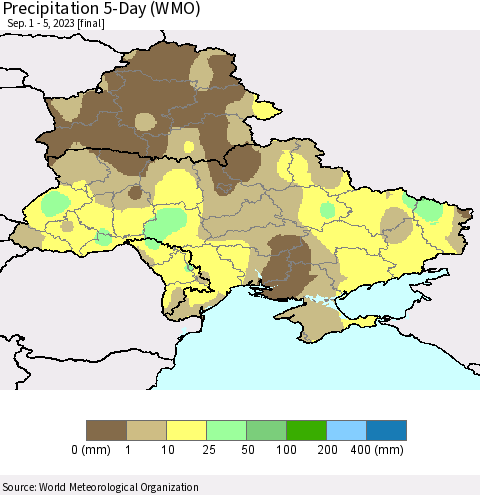 Ukraine, Moldova and Belarus Precipitation 5-Day (WMO) Thematic Map For 9/1/2023 - 9/5/2023
