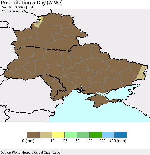Ukraine, Moldova and Belarus Precipitation 5-Day (WMO) Thematic Map For 9/6/2023 - 9/10/2023